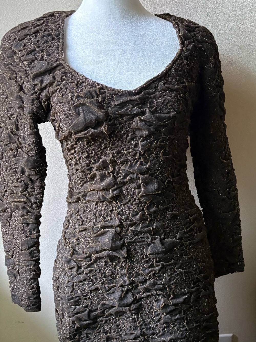 Workshop Clothing Textured Scoop Neck Glittery Long Sleeve Dress in Dark Brown,